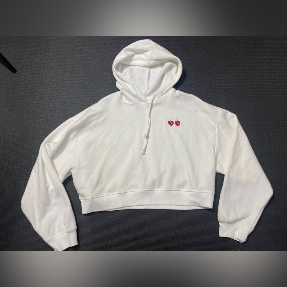 New Victoria's Secret PINK Everyday Fleece Cropped Hoodie Optic White Strawberry - Picture 3 of 7